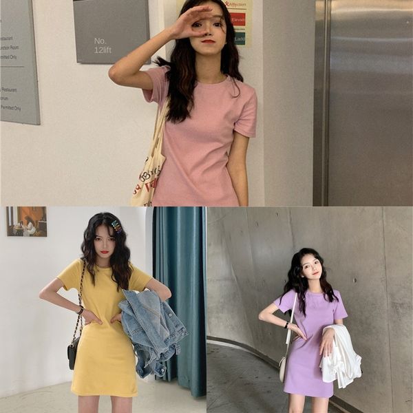 

2020 новый французский girlsshort рукав футболки сплошной цвет в начале springslim и платье dresst футболка платье ягодицы покрыта-линии неб, Black;gray