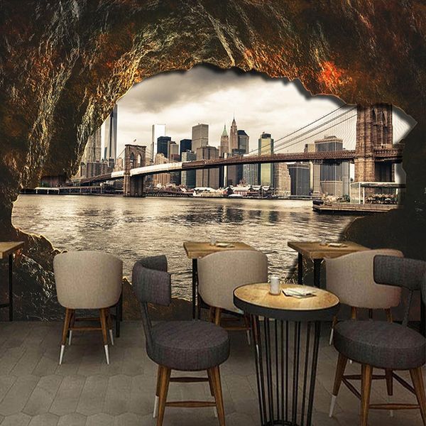 Personalizado Qualquer tamanho Mural Wallpaper 3D Caverna Pedra Pedra Cidade Arquitetura Fresco Restaurante Café Fundo Parede Papel de Parede 3 D