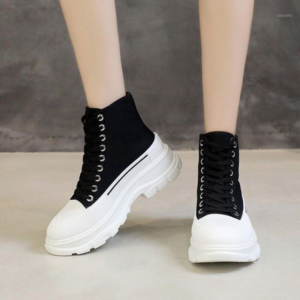 

high-canvas shoes women 2020 winter new heavy-bottomed platform shoes black white creepers ankle lace up boots woman1
