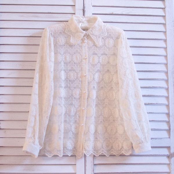 

organza girl women vintage turn down collar long sleeve cute blouse1, White