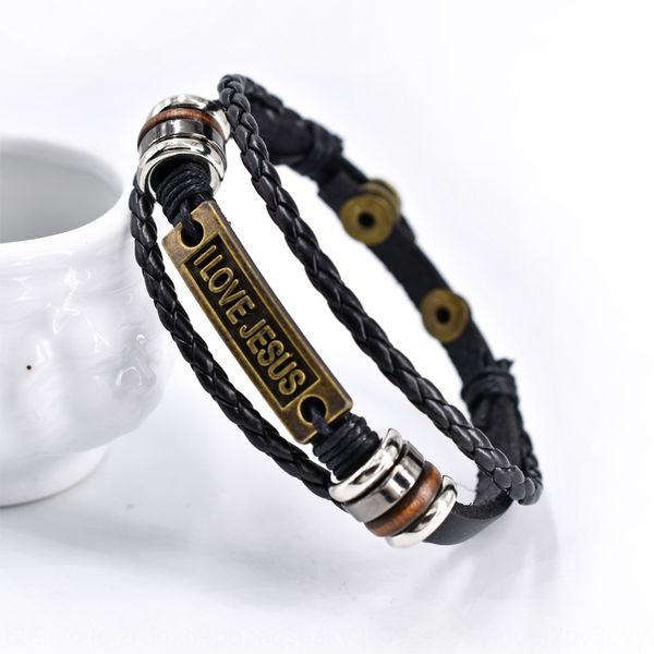 

religion i love jesus woven leather men's beaded braceletbracelet braceletand women's jesus beaded combination leather bracelet 92, Golden;silver