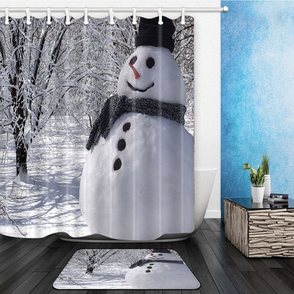 

2pcs/lot cute snowman printing shower curtain mat set bathroom waterproof polyester shower curtain with bath non-slip mat set