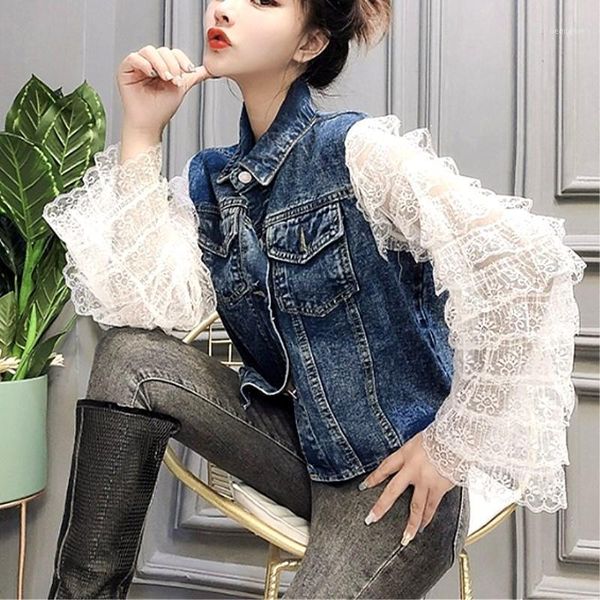 

women streetwear spring autumn denim jackets outwear lace ruffles long sleeve spliced patchwork coat jeans denim coats nz901, Black;brown