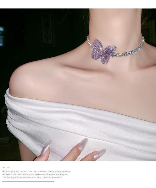 

high sense butterfly necklace female rhinestone clavicle chain chocker neck jewelry necklace collar short paragraph light luxury1, Golden;silver