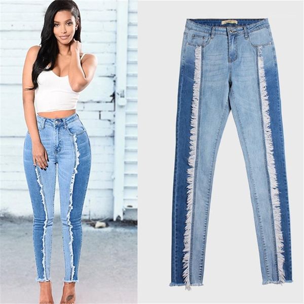 

women stretchy patchwork plus size tassel jeans wash bodycon skinny pencil jeans high street pockets denim pants1, Blue