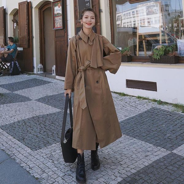 

women's trench coats 2021 windbreaker female british clothing casual superior quality spring autumn loose mid-length coat f02, Tan;black