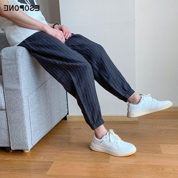 

chinese striped linen for men's summer thin loose casual corset with small feet and 9-point harem nine pants nine pants pants kz16q, Blue