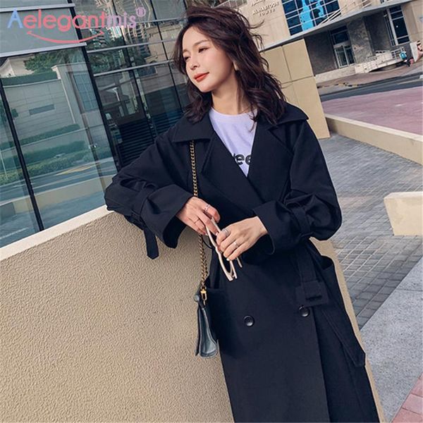 

women's trench coats aelegantmis design women long coat with belt spring autumn chic double breasted outwear female casual streetwear, Tan;black