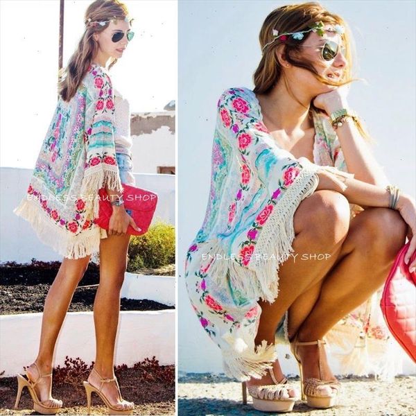 

womens clothing new fashion women boho fringe floral kimono cardigan tassels beach cover up cape jacket, White