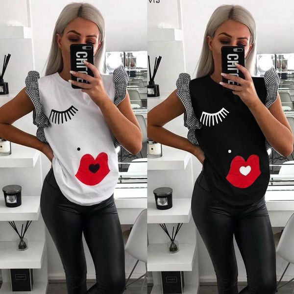 

2021 summer womens and blouse round neck cartoon printed flare sleeve women blouse women shirts casual, White
