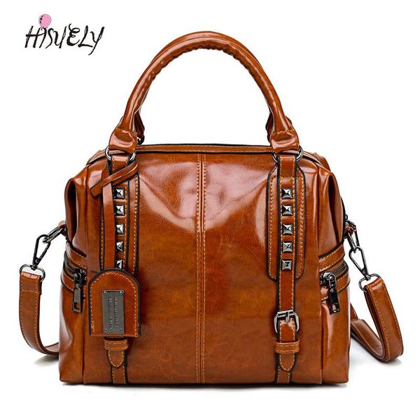 

hisuely масло wax leather rivet boston bag crossbody сумки для женщин 2020 tote shouler сумка роскошные сумки женские сумки конструктора