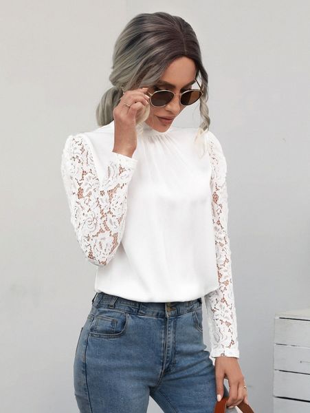 

guipure lace insert keyhole back blouse n8u9#, White