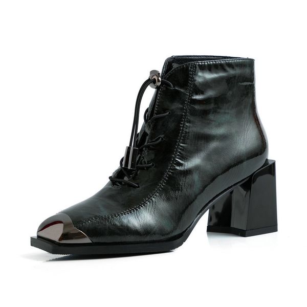 

2021 new women's ankle boots print genuine leather metal square toe thick high heels working night club shoes woman 7vvc, Black