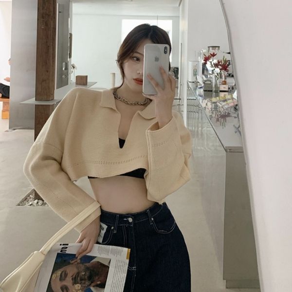 

руи ифаньте новый стиль свободного пупка подвергается v-образный вырез универсален длинный рукав пуловер вязаного свитера прикрывает женщина, White;black