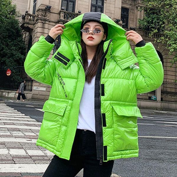 

short winter jackets women glossy cotton coats personality hooded down cotton jacket coat woman casual loose coat outwear1, Black