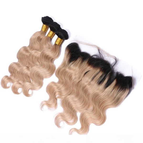 

# 1b 27 dark root honey blonde ombre волос девственницы 3bundles с фронтальными объемной волной ombre светло-коричневые переплетениями с 13x, Black;brown