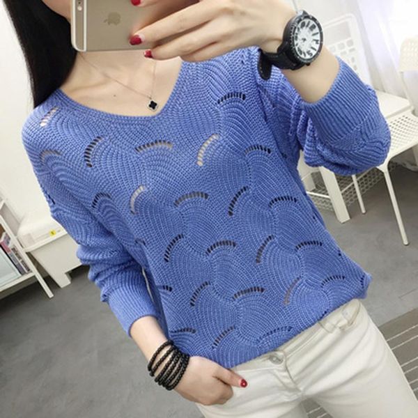 

hollow sweater female pullover sweater bottoming v-neck loose long sleeve thin section outer wear spring autumn l971, White;black