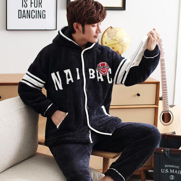 

autumn and winter plush men's pajamas suit fashion trend warm hooded winter plush thickening home service pijama invierno hombre, Black;brown