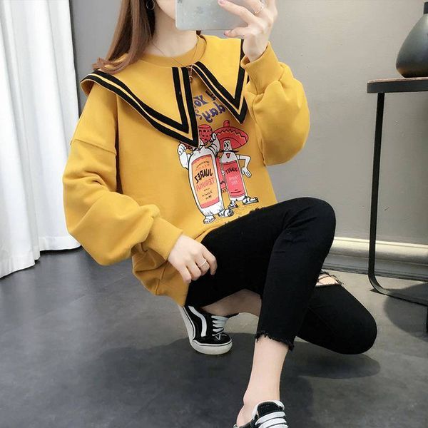 

woman 2020 hoodies character printed casual pullover cute jumpers sailor collar long 42jk, Black;brown