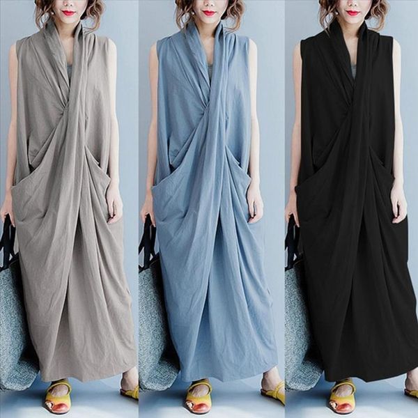 

summer maxi dress casual sleeveless beach fashion women asymmetric cross v neck sleeveless maxi dress robe plus size 2021, Black;gray