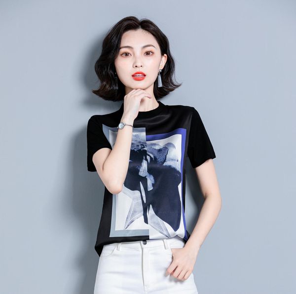 

новый шелковый рыхлый короткое пальто шеи втулки женщин печати экипажа 2020 новый шелковый рыхлый короткое пальто футболки топ рукав футболк, White