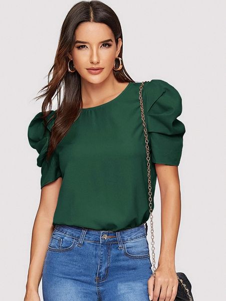 

pleated puff sleeve keyhole back l42t#, White