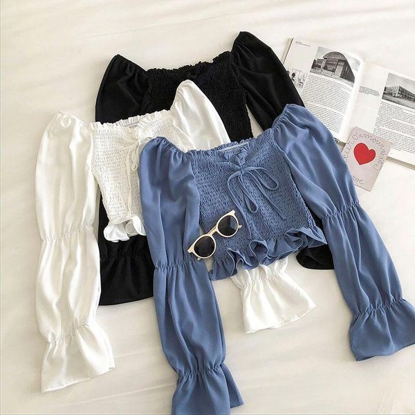 

women ruffle new spring autumn slim v neck blouse ladies long sleeve korean chiffon short mujer fashion shirts clothes1, White
