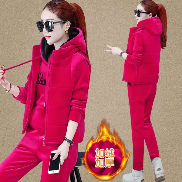 

golden velvet sportswear women's autumn and winter new fashion korean plush thickened vest sweater three piece suit, Gray