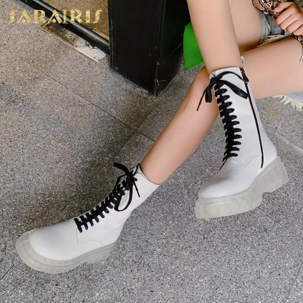 

boots sarairis 2021 fashion motorcycle woman shoes comfortable lace up genuine leather cool ins mid calf female, Black