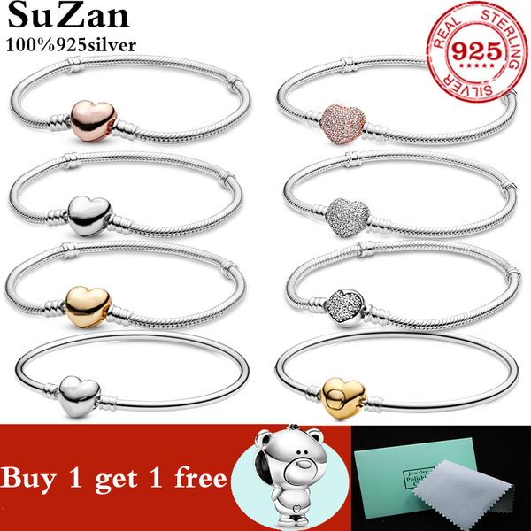 

suzan authentic original 100% 925 sterling silver pan charm chain bracelet for women fashion heart snake bracelet jewelry 1028, Black