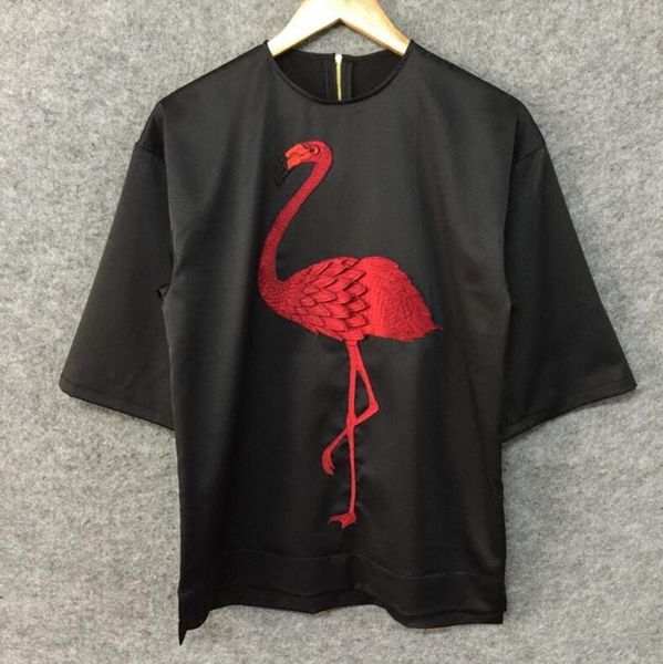 

2021 new seven-point shirt loosed from chinese three-dimensional embroidery flamingo of original designer's male use g6xi, Black