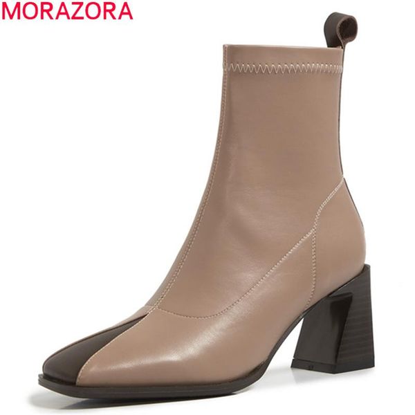 

boots morazora 2021 genuine leather thick high heels square toe ladies shoes autumn winter mixed colors ankle women, Black