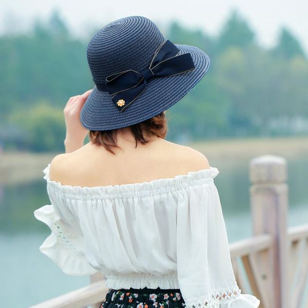 

wide brim hats spring summer pattern korean ma'am foldable sunscreen straw boater sun panama hat women floret pearl beach cap, Blue;gray