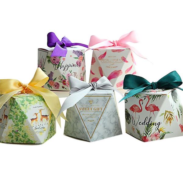 

50pcs diamond shape wedding candy boxes with ribbon baby shower wedding party supplies creative gift boxes