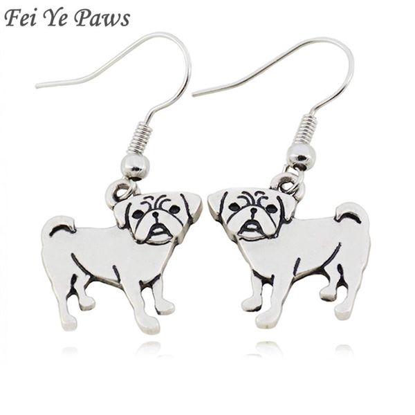 

dangle & chandelier fei ye paws vintage cute pug dog charms drop earrings copper metal statement for women girls party jewelry gift, Silver