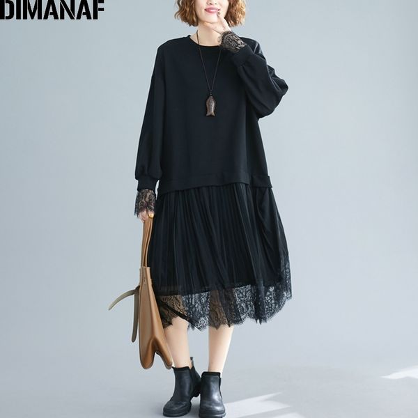 

dimanaf plus size women dress long sleeve cotton lace spliced fashion lady elegant vestidos female clothes pleated loose autumn y200805, Black;pink