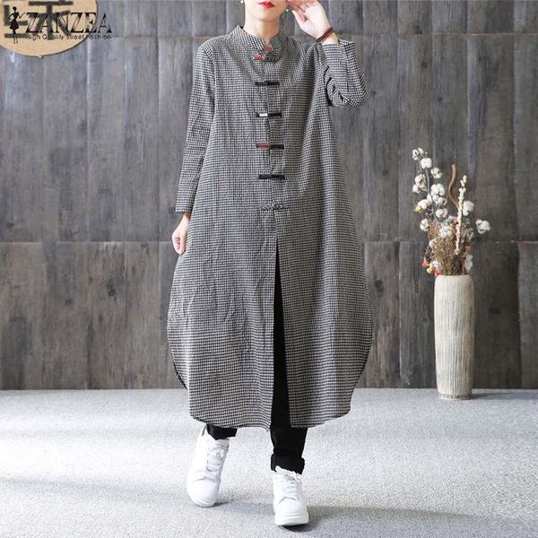 

casual dresses zanzea spring vintage plaid checked long dress women stand collar sleeve buttons loose kaftan cardigan retro vestido, Black;gray
