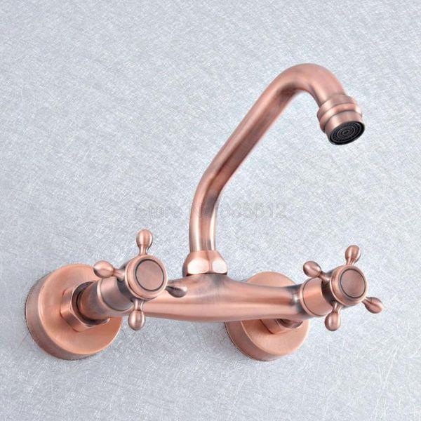 

bathroom sink faucets antique red copper brass wall mounted dual handles kitchen faucet basin mixer taps swivel spout tsf8601