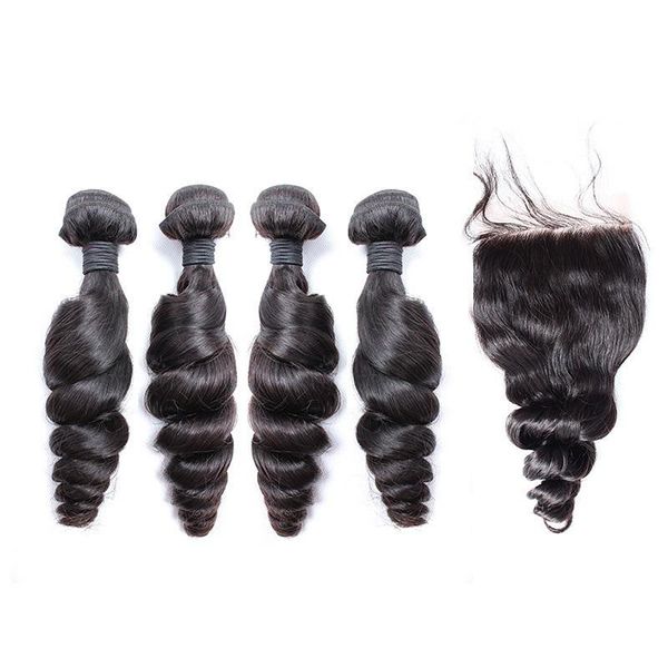 

greatremy peruvian malaysian hair extension 1pc middle part lace closure 4x4 with 4pcs hair bundles loose wave virgin hair natural color, Black