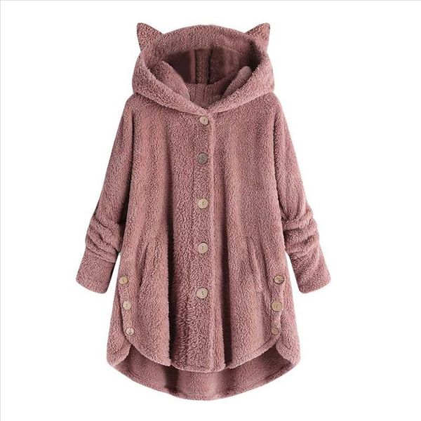 

women flannel coat pockets solid fleece hooded loose hoodies plus size cat ear cute womens warm sweatshirt 2021, Black;brown
