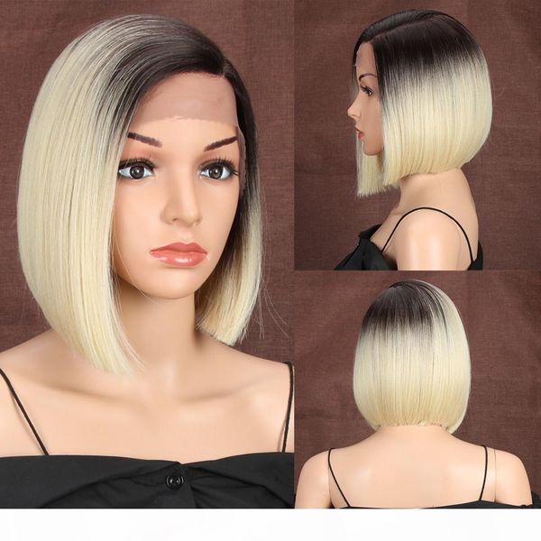 

short blonde bob wig for women 10 inches synthetic lace front wig black ombre 613 brown straight synthetic hair side part, Black;brown