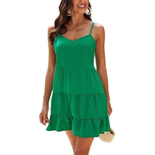 

solid color spaghetti strap v-neck mini dress summer sleeveless backless dress beach sundress1, Black;gray