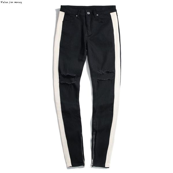 

new hiphop streetwear personality men jeans side zipper ripped fashion male destroyed skinny denim pants, Blue