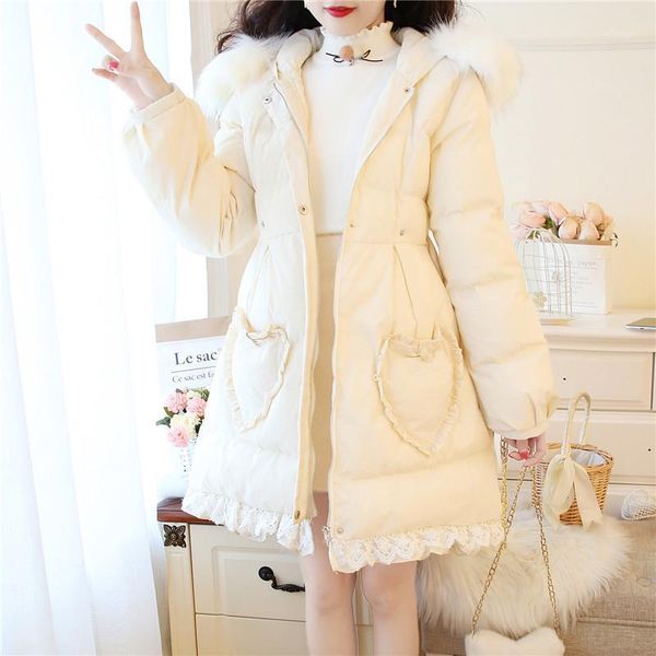 

sweetxue 2020 women autumn winter new small fresh sweet lovely lace stitching padded jacket thickened hooded padded jacket1, Black