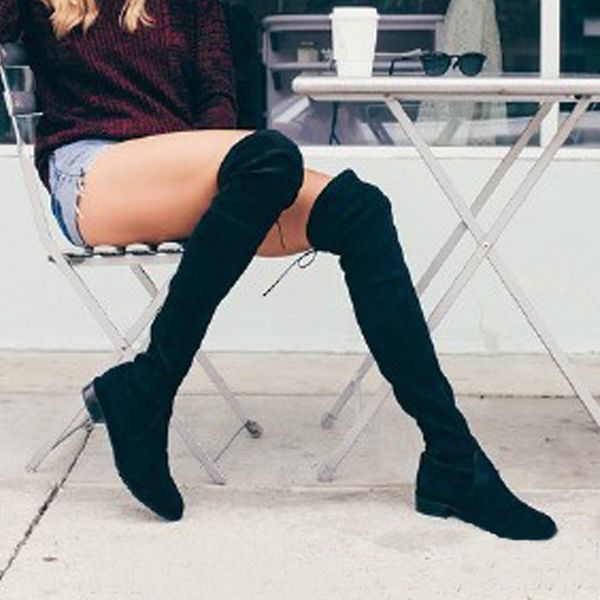 

black elastic flock slim fit over the knee boots women 2020 winter thigh lace up ladies low chunky heels long thigh high botas lj201130