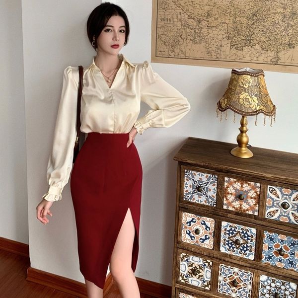 

autumn 2020 new loose shirt + irregular split skirt 2-piece fashion suit for women