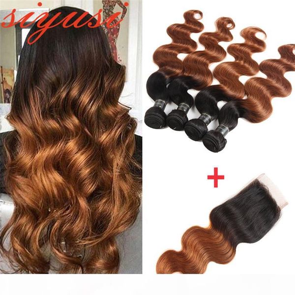 

ombre brazilian body wave hair bundles with lace closure 1b 30 two tone unprocessed brazilian body wave human hair with closure part, Black;brown
