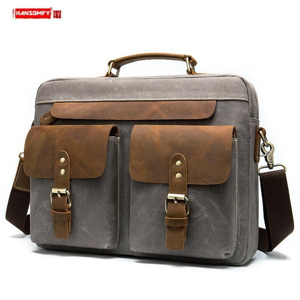 

fashion retro leather men handbag canvas business briefcase casual shoulder messenger bag 14 inch lapbag male travel bags