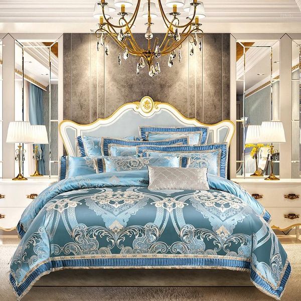 

luxury blue white red european style jacquard silk cotton bedding set double duvet cover set bed linen pillowcases home textile1