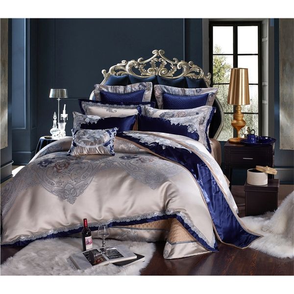 Set biancheria da letto cinese di lusso in raso di cotone jacquard di seta argento blu Set biancheria da letto matrimoniale king size Set lenzuolo / set copripiumino T200706